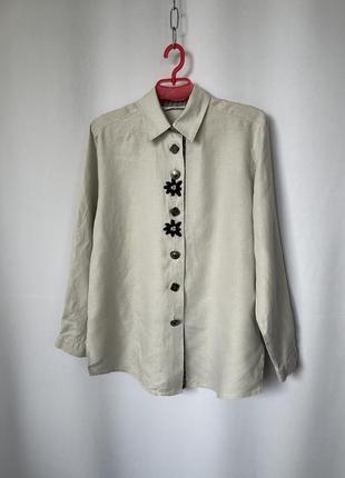 Баварская рубашка блуза льняная винтаж лён экрю с вышивкой эдельвейсы женская австрия land haus austrian style винтаж4 фото