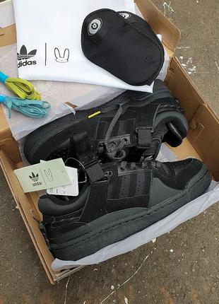 Кожаные кроссовки adidas bad bunny x adidas forum low black. накладки, дополнительные шнурки3 фото