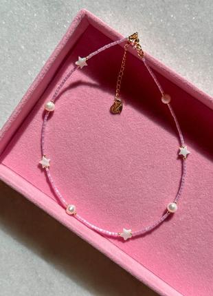 Чокер рожевий з бісеру з натуральними перлами, намисто з перлиною і перламутром зірочки, підвіска з перлинами