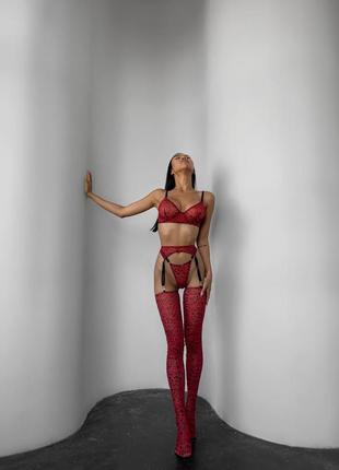 Комплект жіночої нижньої білизни з панчохами, комплект еротичної білизни червоний, тваринний принт2 фото