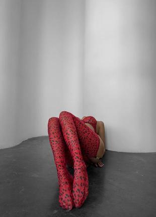 Комплект женского нижнего белья с чулками красный, животный принт леопард3 фото