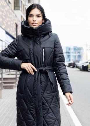 Пальто пуховик зима стеганое длинное с капюшоном черное2 фото