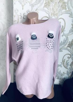 Шикарный теплый свитер, джемпер розовый мех шапочки кошечки теплый модный стильный