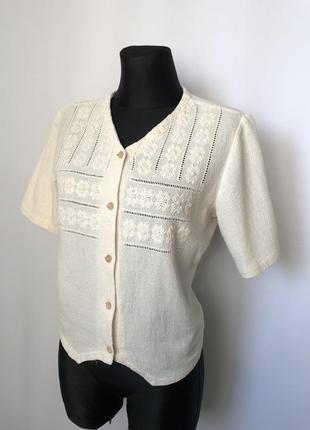 Винтах 80е блуза плотный хлопок кремовая молочная а пуговицах прованс народный стиль вышивка