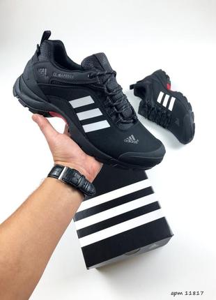 Кросівки осінні чоловічі adidas climaproof на флісі / мужские кроссовки adidas climaproof высокие чёрные (белые полоски)