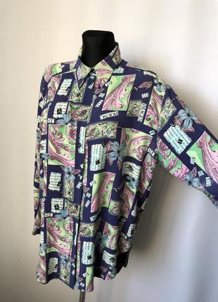 Блуза принт газета винтаж рубашка вискоза купро длинный рукав яркий рисунок сорочка 80е 90е