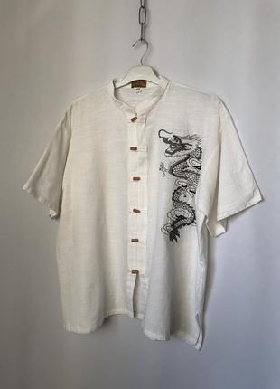Рубашка белая с драконом хлопок короткий рукав восточная вьетнамская5 фото
