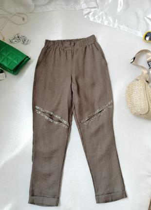 Летние брюки ткань натуральный лён с разрезами украшенные стразами літні штани тканина натуральний л