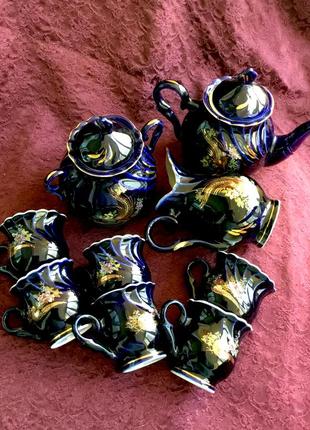 Чайный кобальтовый сине-золотой сервиз "жар птица" времён ссср на 6 персон