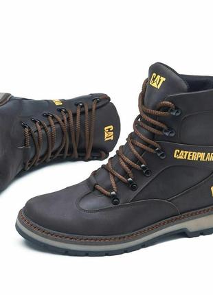 Мужские кожаные зимние ботинки caterpillar, чоловічі високі черевики cat коричневі2 фото
