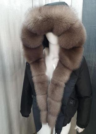 Зимняя куртка, бомбер с натуральным мехом финского песца в расцветке светлый соболь2 фото