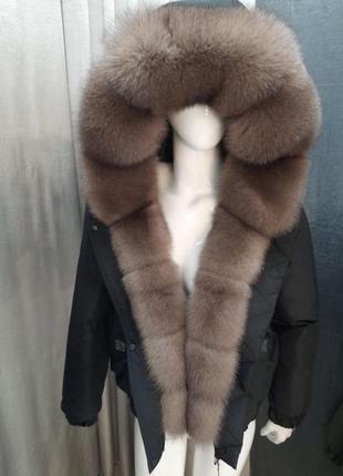 Зимняя куртка, бомбер с натуральным мехом финского песца в расцветке светлый соболь