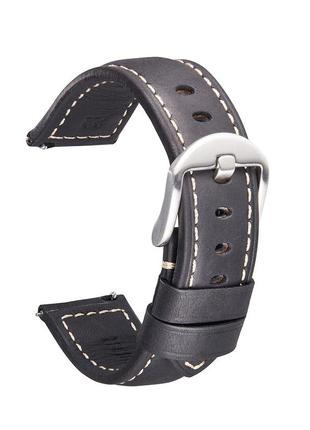 Ремінець для годинника з натуральної шкіри crazy horse, із системою швидкої заміни 22 мм чорний, сталева пряжка2 фото