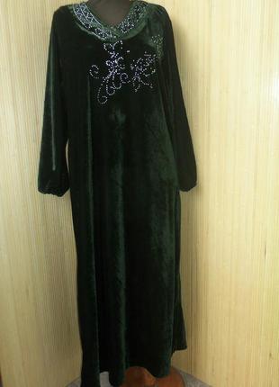 Темно зелёное длинное  платье оверсайз  велюр1 фото