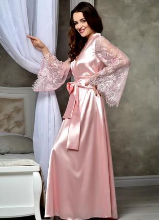 Атласный халат в пол с кружевным рукавом цвет королевский розовый от xs до xxxl