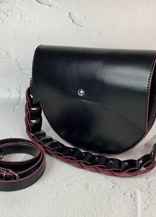 Сумка жіноча  натуральна шкіра,сумочка чорна з бургунді виворотом