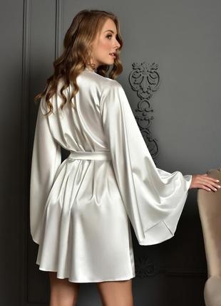 Комплект короткий атласный халат с пеньюаром для невесты айвори6 фото