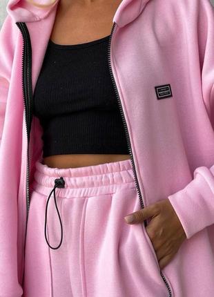 Спортивный розовый женский прогулочный костюм на каждый день ткань тринитка на флисе норма и батал9 фото