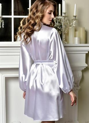 Короткий свадебный халат атласный белый4 фото