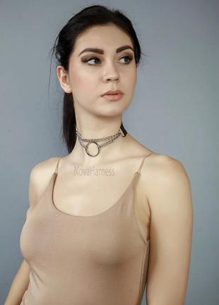 Чокер женский на шею с цепочкой и кольцом, из кожи3 фото