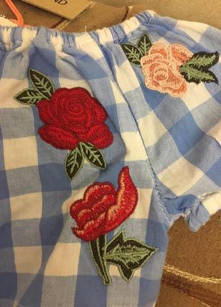 Модная блуза в клеточку с вышивкой розы,стильная рубашечка на девочку 2-5 месяцев