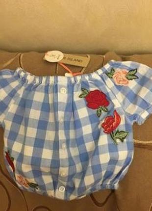 Модная блуза в клеточку с вышивкой розы,стильная рубашечка на девочку 2-5 месяцев3 фото