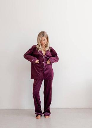 Велюровий стильний модний костюм домашній для жінок тепла піжама-двійка jeny колір марсала норма та батал