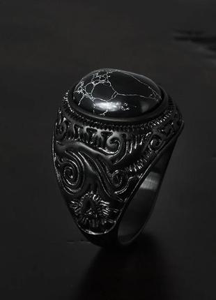 Кольцо печатка перстень мужское стальное dragon eye из медицинской нержавеющей стали с черным камнем 193 фото