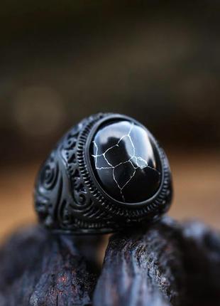 Кольцо печатка перстень мужское стальное dragon eye из медицинской нержавеющей стали с черным камнем 195 фото