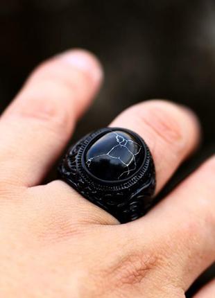 Кольцо печатка перстень мужское стальное dragon eye из медицинской нержавеющей стали с черным камнем 194 фото