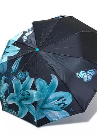 Жіноча атласна автоматична парасолька з бірюзовою квіткою1 фото