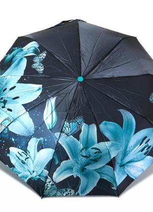 Жіноча атласна автоматична парасолька з бірюзовою квіткою2 фото