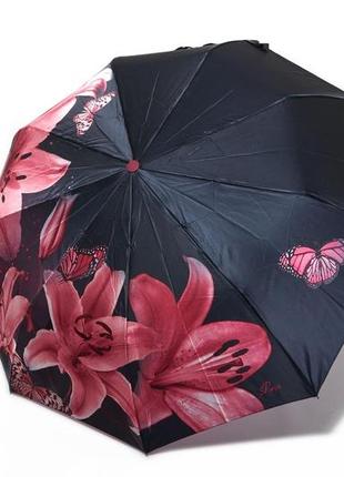 Жіноча атласна парасолька з бордовими квітами2 фото