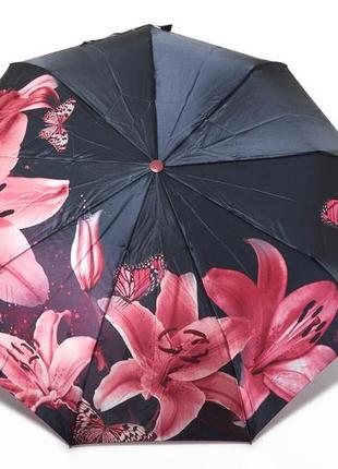 Женский атласный автоматический зонт с бордовым цветком
