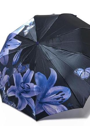Женский атласный автоматический зонт с синим цветком
