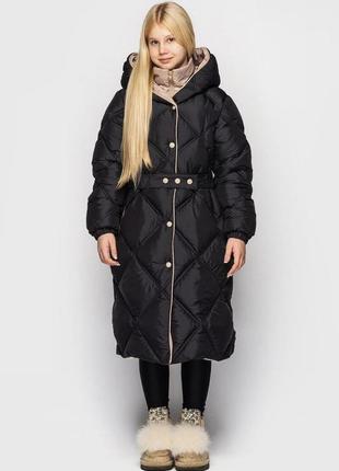 Качественный детский зимний удлиненный пуховик пальто для девочки, с капюшоном