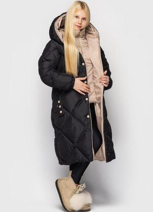 Качественный детский зимний удлиненный пуховик пальто для девочки, с капюшоном4 фото