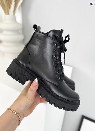 Стильні натуральні шкіряні ботинки чорного кольору, трендові жіночі черевики на шнурівці, зима та демі5 фото