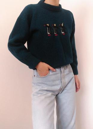 Шерстяной свитер пингвины винтажный джемпер шерсть пуловер реглан лонгслив кофта шерсть винтаж свитер4 фото