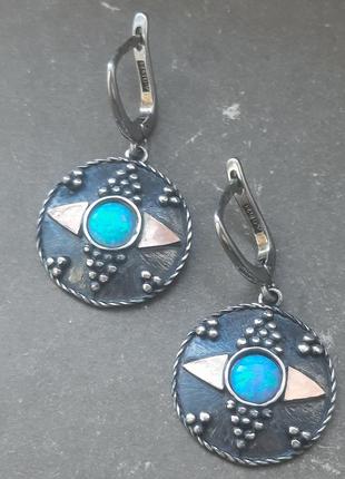 Эксклюзивные дизайнерские серебряные серьги с натуральным опалом и позолотой опаловые глаза6 фото