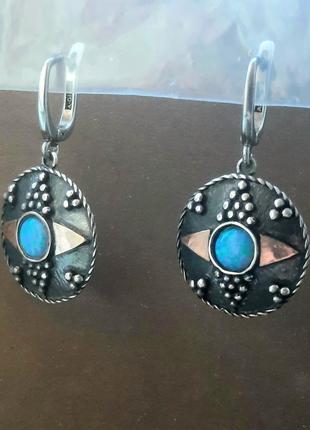 Эксклюзивные дизайнерские серебряные серьги с натуральным опалом и позолотой опаловые глаза5 фото