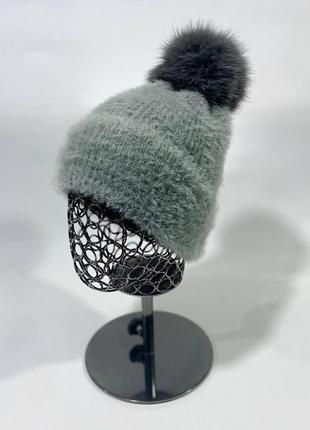 Женская ангоровая шапка с помпоном2 фото
