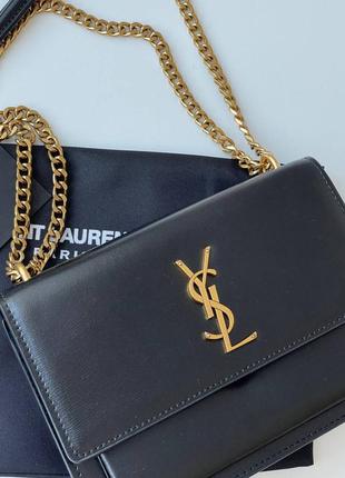 Сумка кожа в стиле ysl черная ремень золотистые