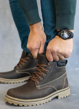 Мужские ботинки зимние кожаные коричневые на шнурках5 фото