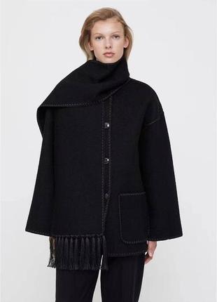 Пальто в стилі loewe чорне з ефектом шарфа шерсть2 фото