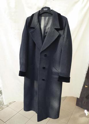 Шерстяное прямое длинное пальто серое1 фото