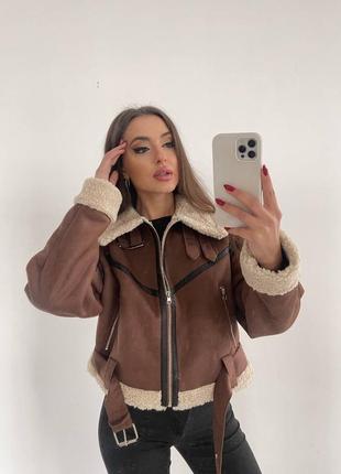 Дублянка коротка укорочена коричнева чорна zara хутро стриженої вівці замша