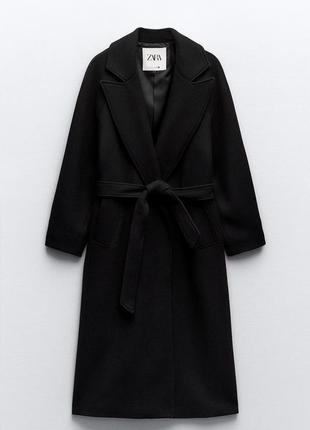 Длинное пальто на основе шерсти с поясом6 фото
