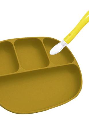 Набір силіконового посуду 2life чотирьох-секційна тарілка d6 і силіконова ложка в контейнері жовта