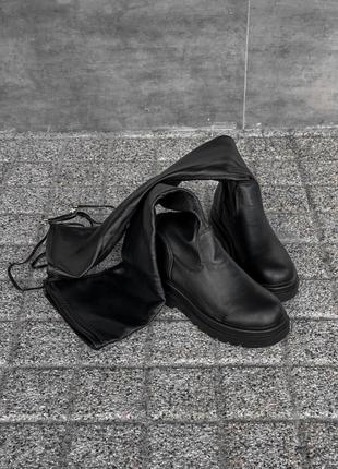 Стильовые черные женские ботфорты из кожи на завязках, без каблуков,зимние, экокожа, женственная обувь зима7 фото